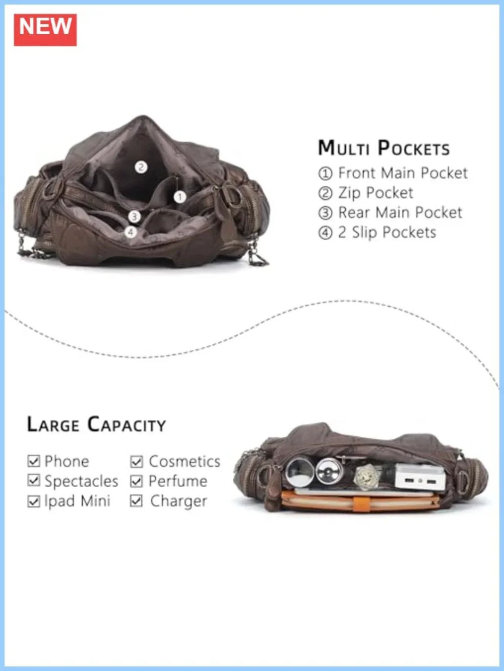 Hobo Bag Women Shoulder Crossbody Vegan Leather Retro Multi Pocket Daily Bag